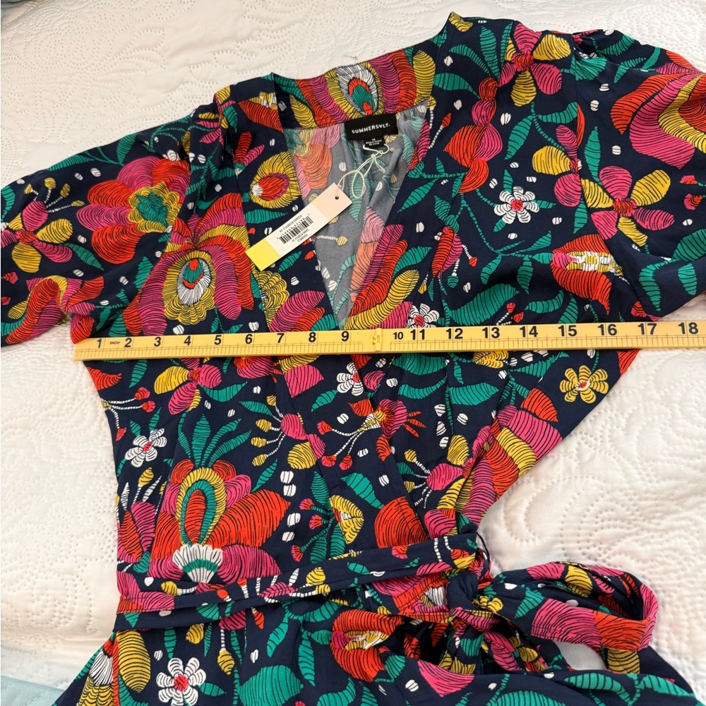 Summersalt Wrap Dress Womens 14 Floral Navy Multicolor Puff Sleeve Wrap Tie Midi - Picture 11 of 11